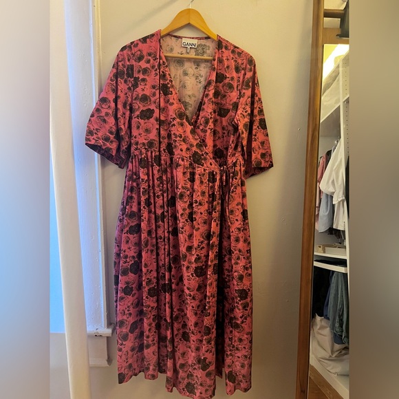 Ganni Rose Print Wrap Pink Dress - Picture 4 of 7